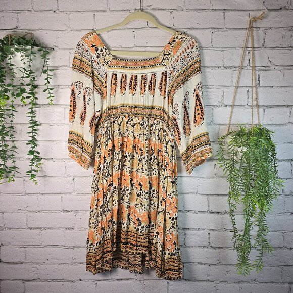 REBELLION BOHO DRESS 3/4 PEASANT SLEEVE SMOCKED BACK HIGH LOW HEM SIZE LARGE - Picture 1 of 7